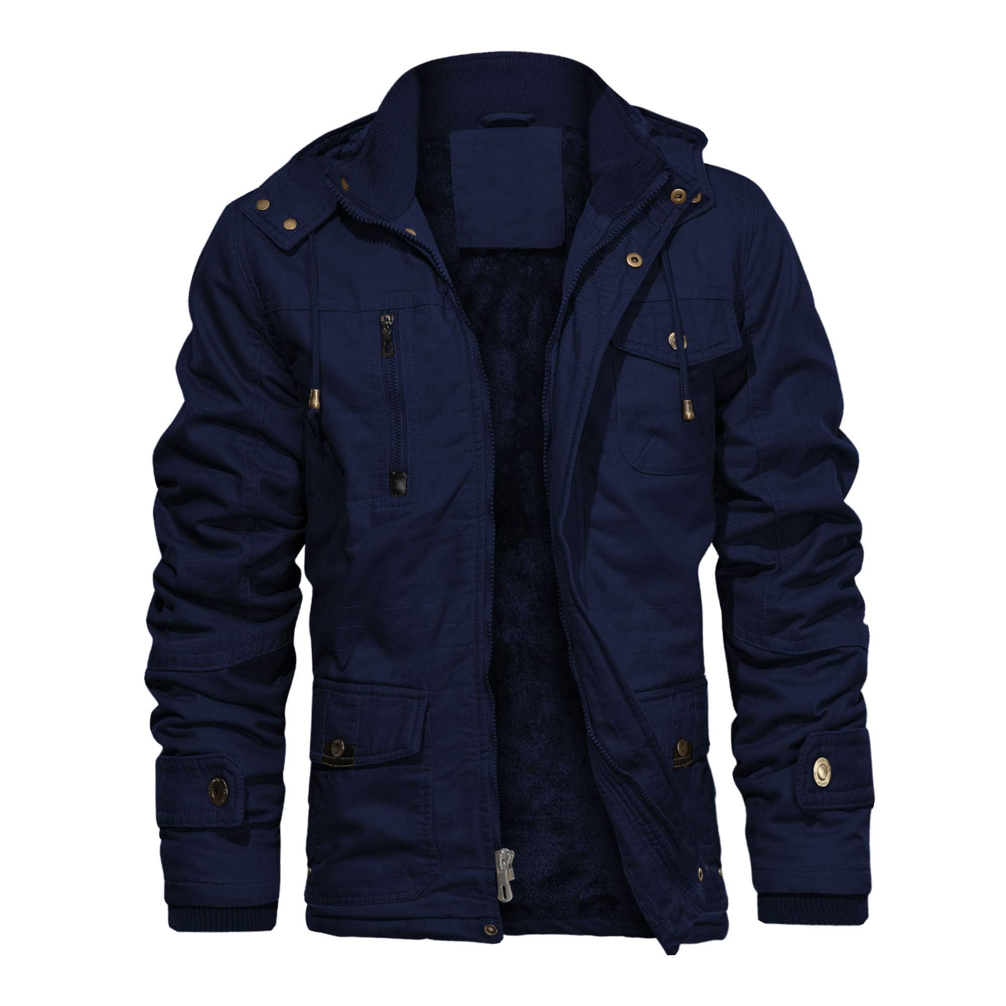 CHEXPEL Men's Thick Winter Jackets with Hood, Fleece Lining, Cotton Military Work Jackets with Cargo Pockets, Outwear